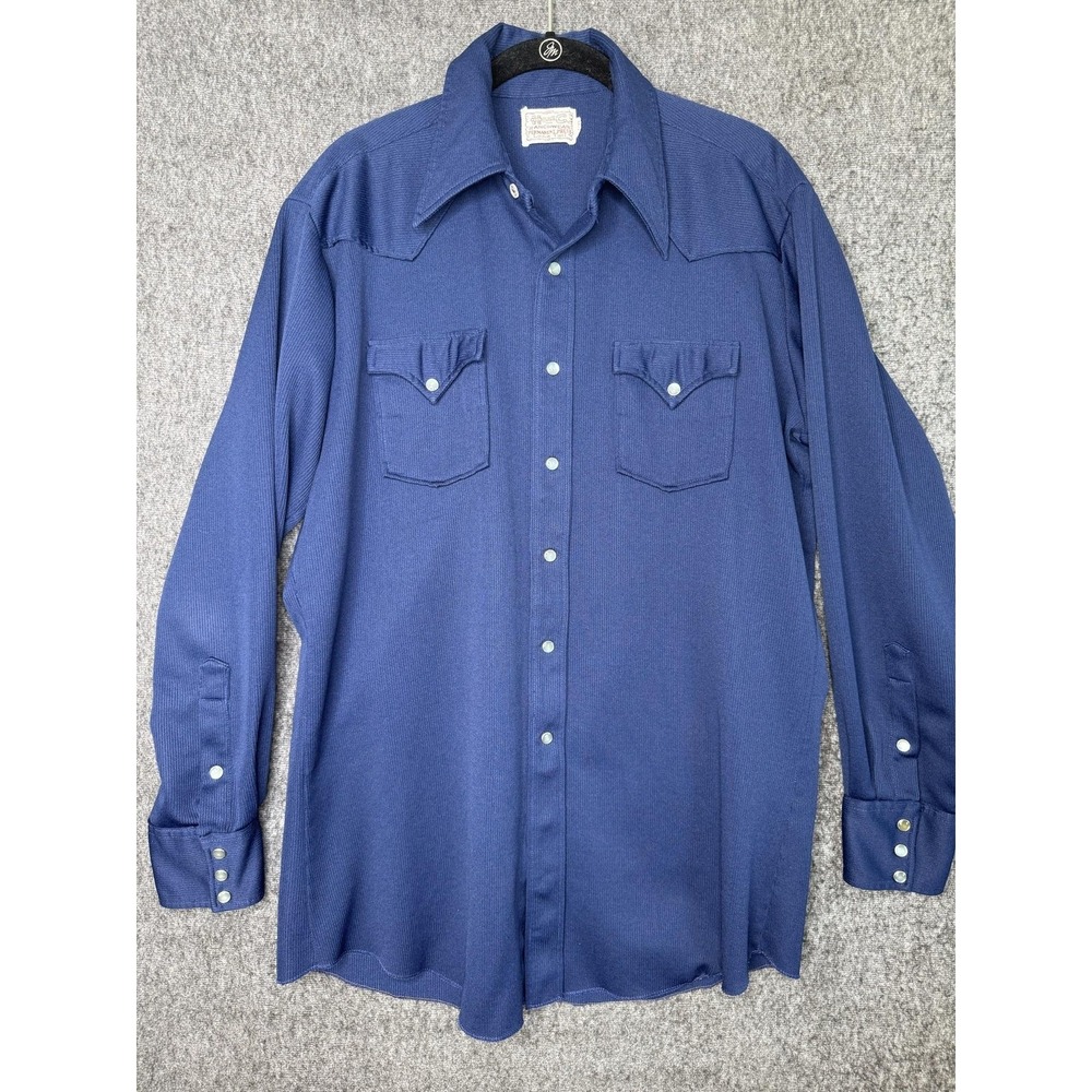 Vintage Bar C Ranchwear Shirt Mens Large Blue Western Pearl Snap Long Tail 70s